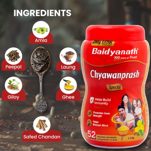 Baidyanath Chyawanprash with key ingredients including Amla, Giloy, Peepal, Laung, Ghee, and Safed Chandan, highlighting its Ayurvedic immunity-boosting formula.